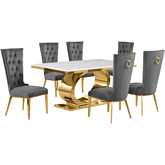 D431 7 Piece Dining Set in White Marble, Polished Gold Stainless Steel & Dark Gray Velvet