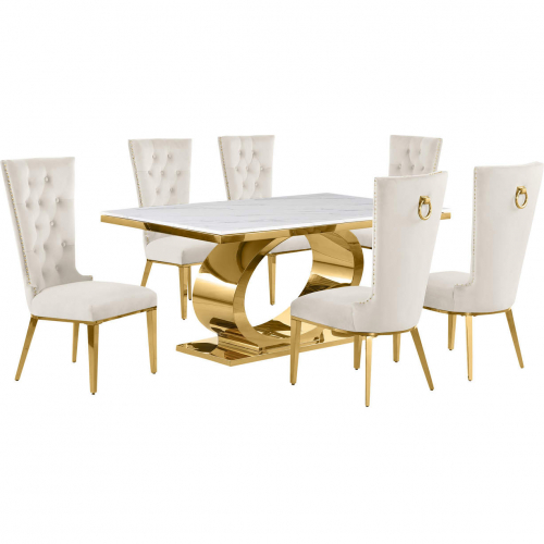 D431 7 Piece Dining Set in White Marble, Polished Gold Stainless Steel & Cream Velvet