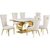 D431 7 Piece Dining Set in White Marble, Polished Gold Stainless Steel & Cream Velvet