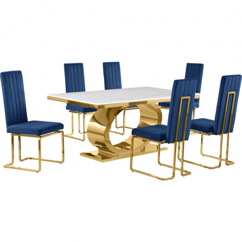 D431 7 Piece Dining Set in White Marble, Polished Gold Stainless Steel & Navy Blue Velvet