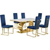 D431 7 Piece Dining Set in White Marble, Polished Gold Stainless Steel & Navy Blue Velvet