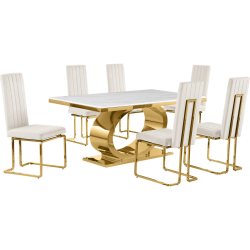 D431 7 Piece Dining Set in White Marble, Polished Gold Stainless Steel & Cream Velvet