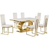 D431 7 Piece Dining Set in White Marble, Polished Gold Stainless Steel & Cream Velvet