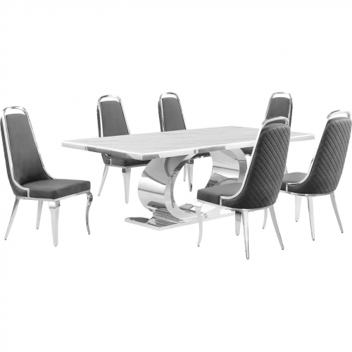 D432 7 Piece Dining Set in White Marble, Polished Stainless Steel & Dark Gray Velvet
