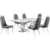 D432 7 Piece Dining Set in White Marble, Polished Stainless Steel & Dark Gray Velvet