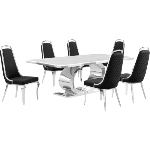 D432 7 Piece Dining Set in White Marble, Polished Stainless Steel & Black Velvet