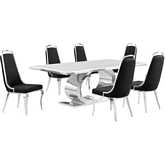 D432 7 Piece Dining Set in White Marble, Polished Stainless Steel & Black Velvet