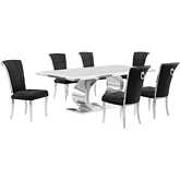 D432 7 Piece Dining Set in White Marble, Polished Stainless Steel & Black Velvet
