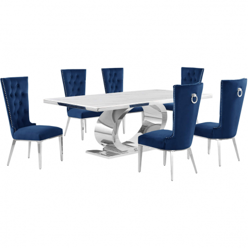 D432 7 Piece Dining Set in White Marble, Polished Stainless Steel & Navy Blue Velvet