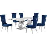 D432 7 Piece Dining Set in White Marble, Polished Stainless Steel & Navy Blue Velvet