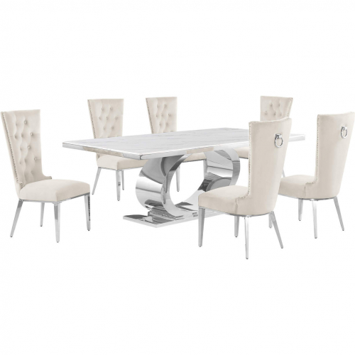 D432 7 Piece Dining Set in White Marble, Polished Stainless Steel & Cream Velvet
