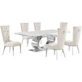 D432 7 Piece Dining Set in White Marble, Polished Stainless Steel & Cream Velvet
