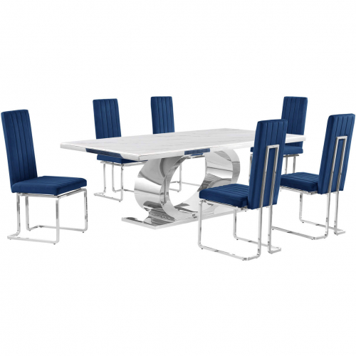 D432 7 Piece Dining Set in White Marble, Polished Stainless Steel & Navy Blue Velvet