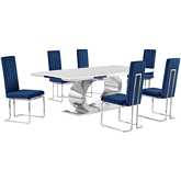 D432 7 Piece Dining Set in White Marble, Polished Stainless Steel & Navy Blue Velvet
