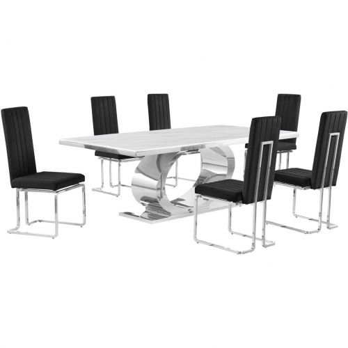 D432 7 Piece Dining Set in White Marble, Polished Stainless Steel & Black Velvet