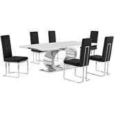 D432 7 Piece Dining Set in White Marble, Polished Stainless Steel & Black Velvet