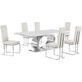 D432 7 Piece Dining Set in White Marble, Polished Stainless Steel & Cream Velvet