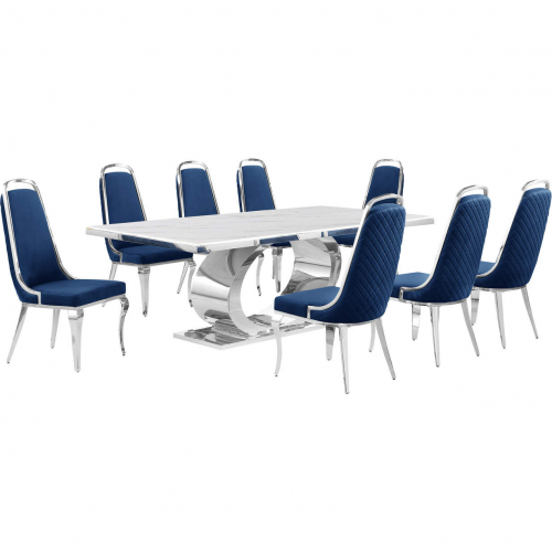 D432 9 Piece Dining Set in White Marble, Polished Stainless Steel & Navy Blue Velvet