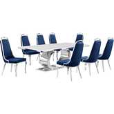 D432 9 Piece Dining Set in White Marble, Polished Stainless Steel & Navy Blue Velvet