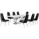 D432 9 Piece Dining Set in White Marble, Polished Stainless Steel & Black Velvet