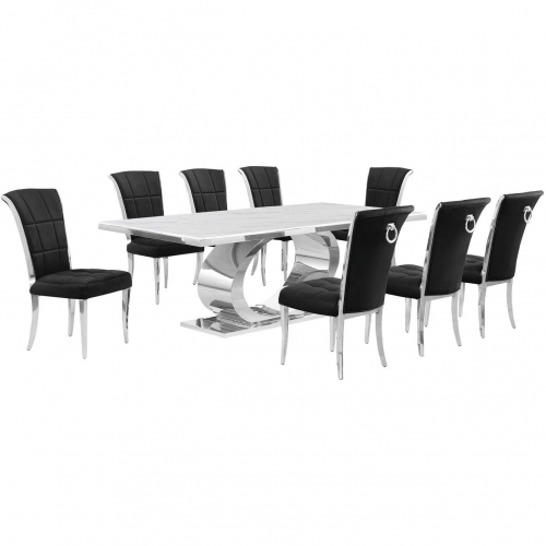 D432 9 Piece Dining Set in White Marble, Polished Stainless Steel & Black Velvet