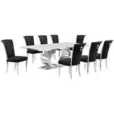 D432 9 Piece Dining Set in White Marble, Polished Stainless Steel & Black Velvet
