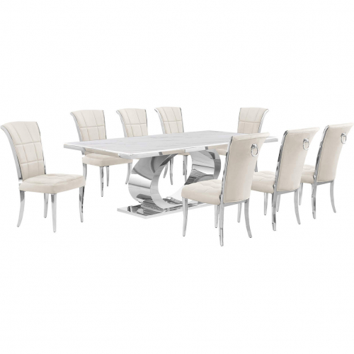 D432 9 Piece Dining Set in White Marble, Polished Stainless Steel & Cream Velvet