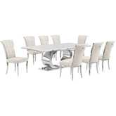 D432 9 Piece Dining Set in White Marble, Polished Stainless Steel & Cream Velvet