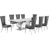 D432 9 Piece Dining Set in White Marble, Polished Stainless Steel & Dark Gray Velvet
