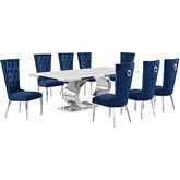 D432 9 Piece Dining Set in White Marble, Polished Stainless Steel & Navy Blue Velvet