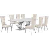 D432 9 Piece Dining Set in White Marble, Polished Stainless Steel & Cream Velvet