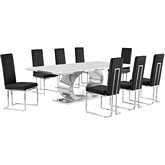D432 9 Piece Dining Set in White Marble, Polished Stainless Steel & Black Velvet