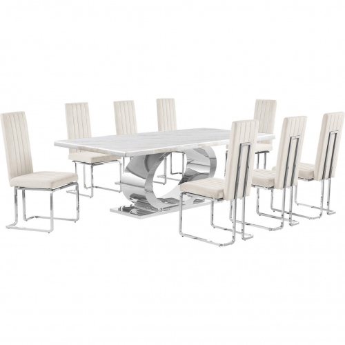 D432 9 Piece Dining Set in White Marble, Polished Stainless Steel & Cream Velvet