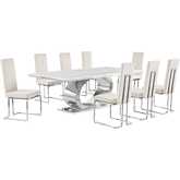 D432 9 Piece Dining Set in White Marble, Polished Stainless Steel & Cream Velvet