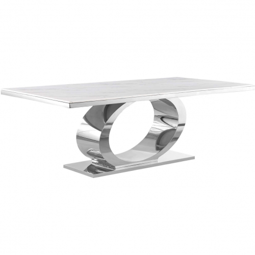 D432 87" Dining Table in White Marble & Polished Stainless Steel