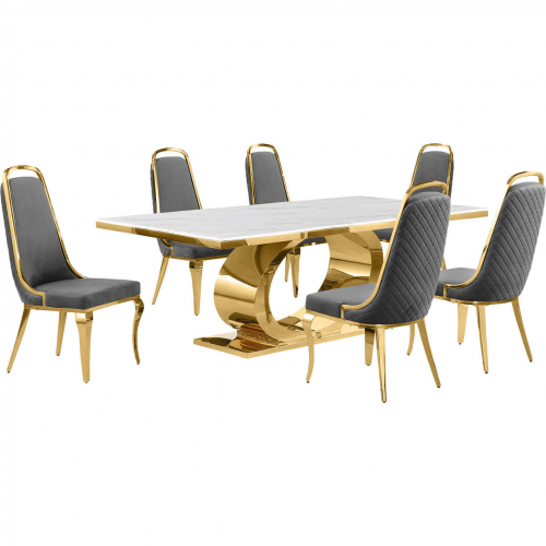 D433 7 Piece Dining Set in White Marble, Polished Gold Stainless Steel & Dark Gray Velvet