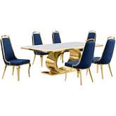 D433 7 Piece Dining Set in White Marble, Polished Gold Stainless Steel & Navy Blue Velvet