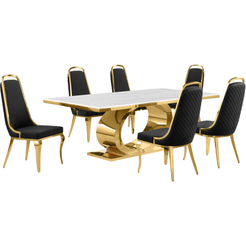 D433 7 Piece Dining Set in White Marble, Polished Gold Stainless Steel & Black Velvet