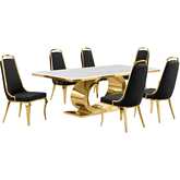 D433 7 Piece Dining Set in White Marble, Polished Gold Stainless Steel & Black Velvet