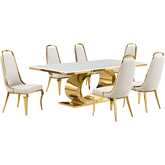 D433 7 Piece Dining Set in White Marble, Polished Gold Stainless Steel & Cream Velvet