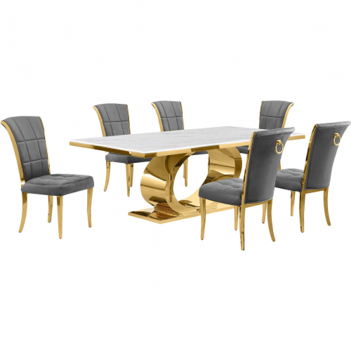 D433 7 Piece Dining Set in White Marble, Polished Gold Stainless Steel & Dark Gray Velvet