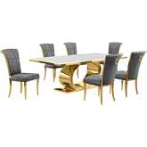 D433 7 Piece Dining Set in White Marble, Polished Gold Stainless Steel & Dark Gray Velvet
