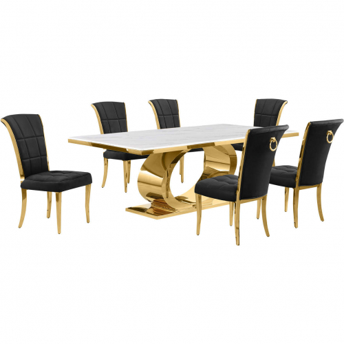 D433 7 Piece Dining Set in White Marble, Polished Gold Stainless Steel & Black Velvet