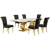 D433 7 Piece Dining Set in White Marble, Polished Gold Stainless Steel & Black Velvet