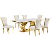 D433 7 Piece Dining Set in White Marble, Polished Gold Stainless Steel & Cream Velvet