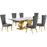 D433 7 Piece Dining Set in White Marble, Polished Gold Stainless Steel & Dark Gray Velvet