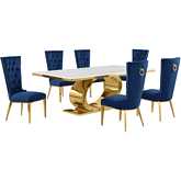 D433 7 Piece Dining Set in White Marble, Polished Gold Stainless Steel & Navy Blue Velvet