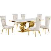 D433 7 Piece Dining Set in White Marble, Polished Gold Stainless Steel & Cream Velvet