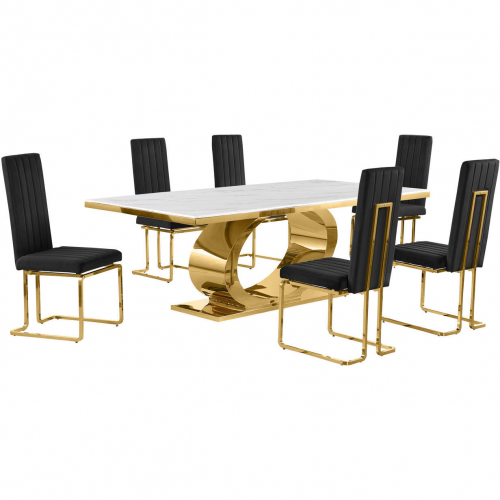 D433 7 Piece Dining Set in White Marble, Polished Gold Stainless Steel & Black Velvet
