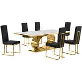 D433 7 Piece Dining Set in White Marble, Polished Gold Stainless Steel & Black Velvet